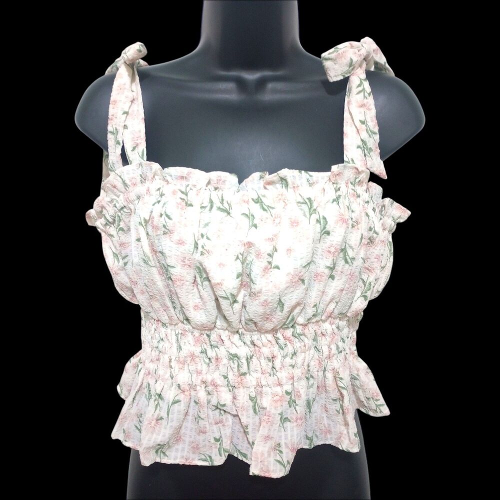 She Sky Smocked Floral Peplum Cropped Tank Top Sz M Stretch Feminine Girlie NWT